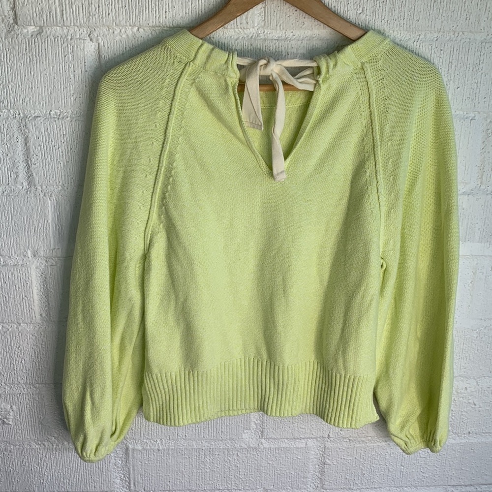 Anthropologie Emily Puff-Sleeved Knit Tie Back Neon Green Sweater sz S - Picture 5 of 9
